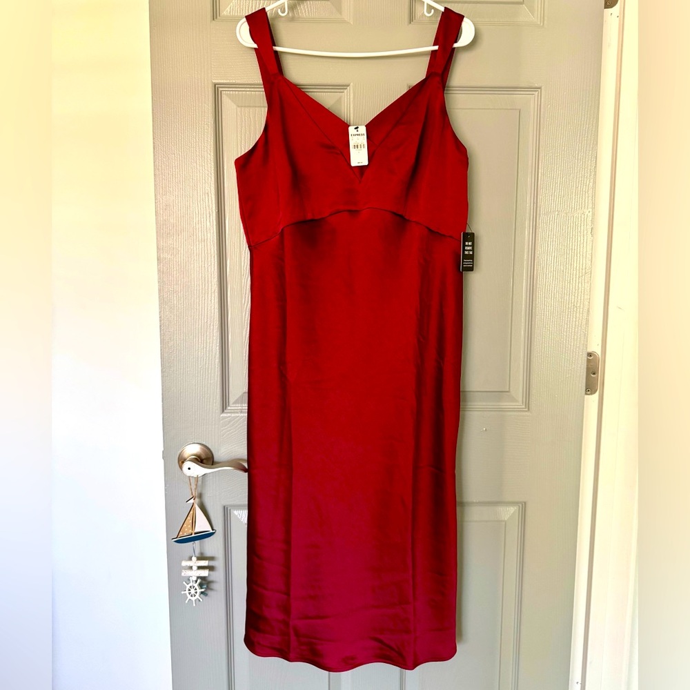 NWT Red Satin V-Neck Midi Slip Dress